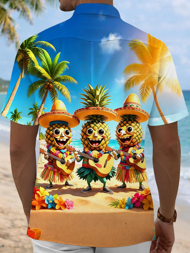 Fun Hawaiian Pineapple Band Playing Guitar Men's Pocket Short Sleeve Shirts