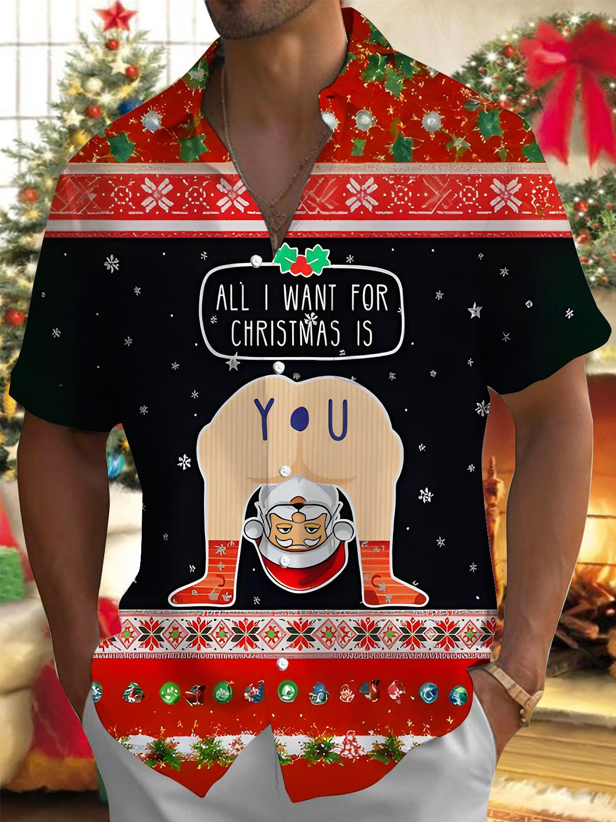 Fun Santa Claus Captions Snowflakes Xmas Men's Pocket Short Sleeve Shirts