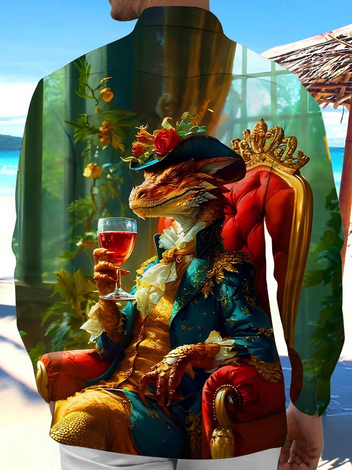 Funny Lizard Gentleman Holding Wine Glass Men's Pocket Long Sleeve Shirts