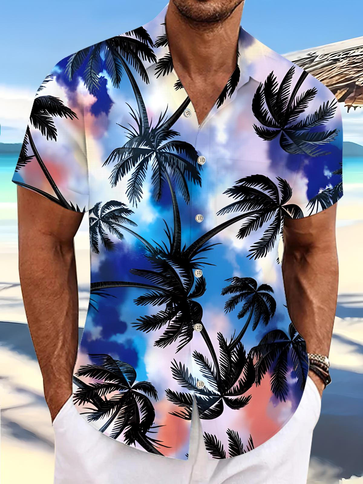 Coconut Tree Tie Dye Men's Pocket Short Sleeve Shirts