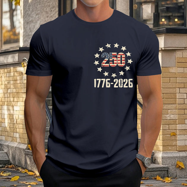 Men casual short sleeve American flag print graphic tee lifestyle three-quarter view for Independence Day