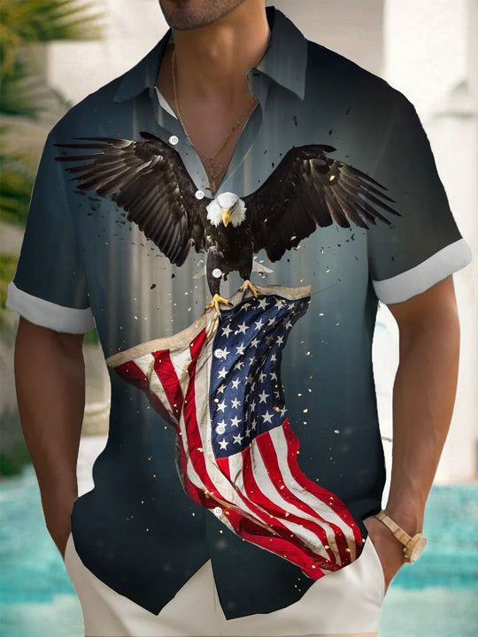 Men's short sleeve eagle American flag print shirt front view for Independence Day