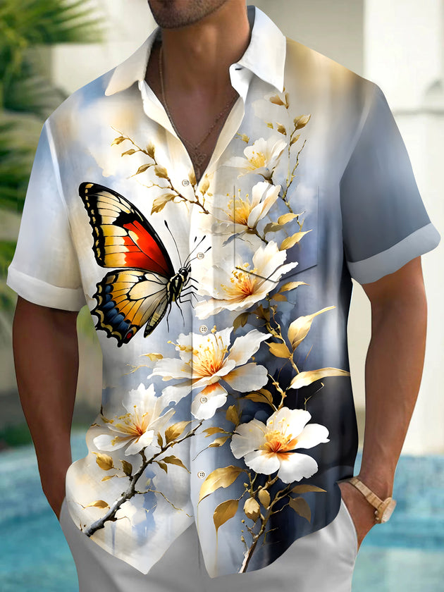 Men's floral butterfly patterned short sleeve shirt front view