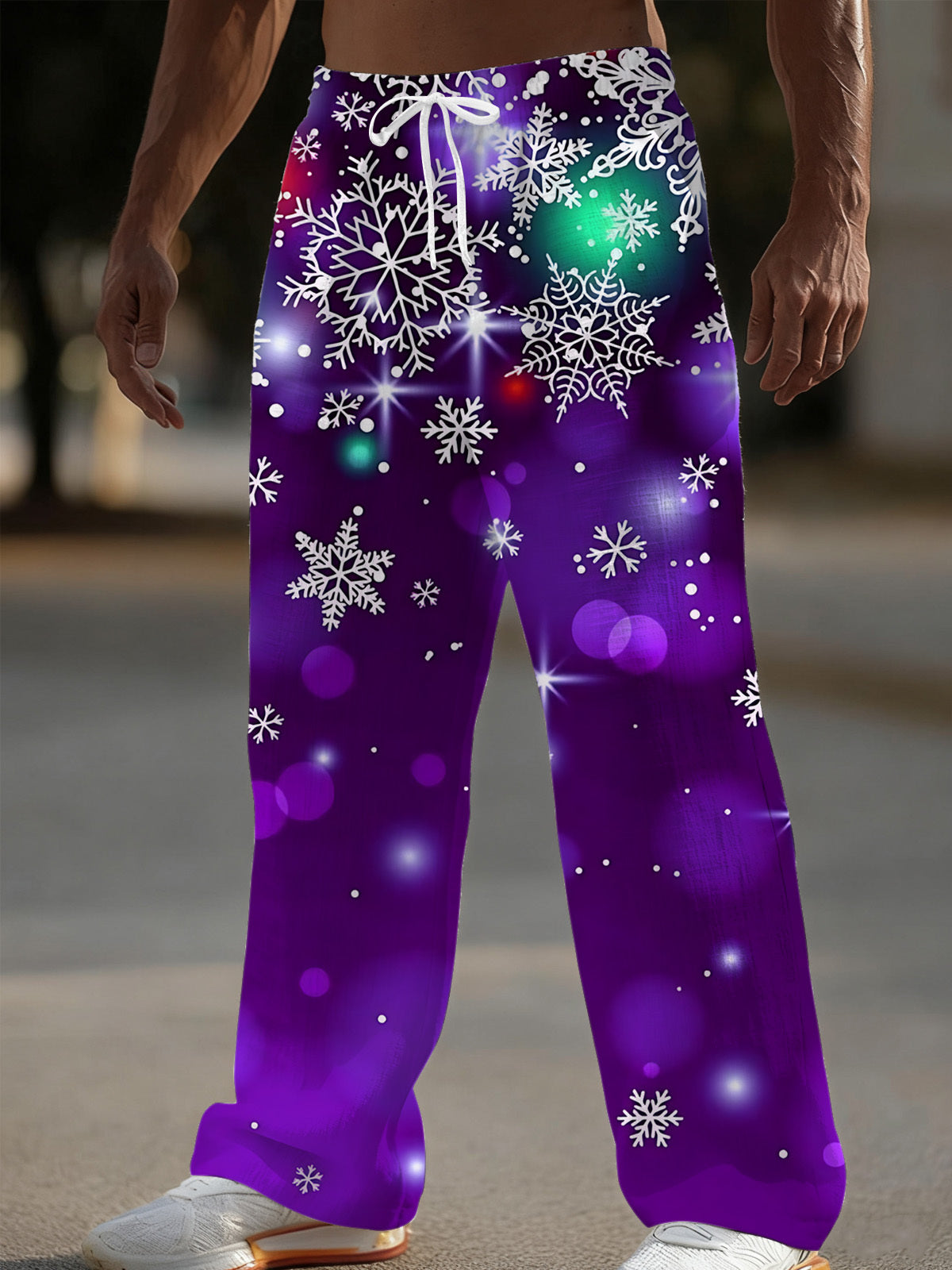 Christmas Snowflake Print Men's Casual Elastic Waist Pants