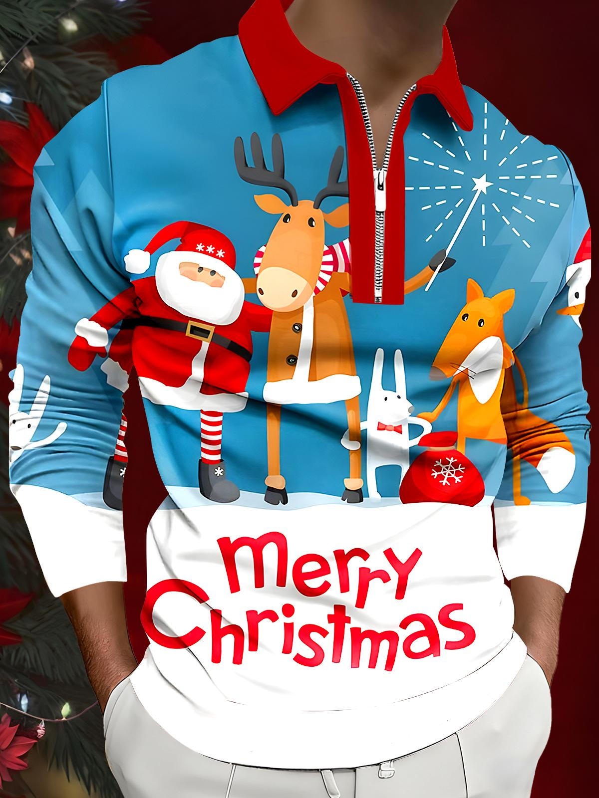 Christmas Deer Santa Claus Men's Long Sleeve Zipper Polo