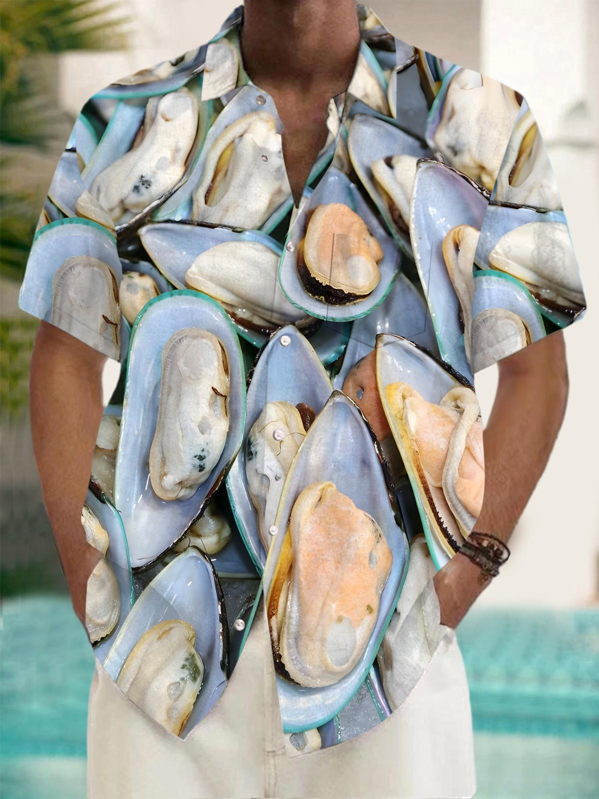 Seafood Mussel Print Men's Pocket Short Sleeve Shirts