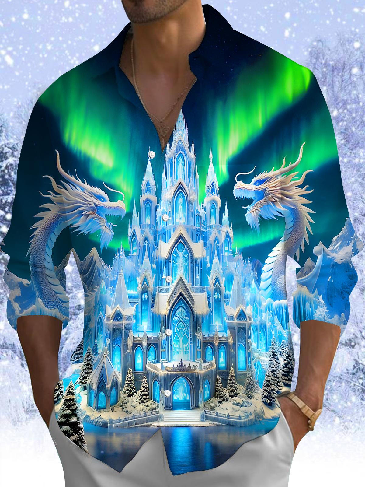 Winter Ice Sculpture Dragons Castle Aurora Men's Pocket Long Sleeve Shirts