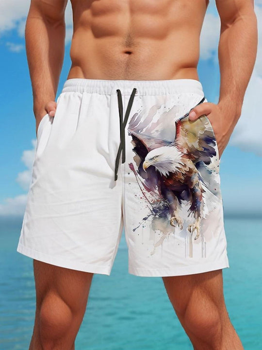 Men's Hawaiian eagle print casual shorts front view for tropical beach vacation