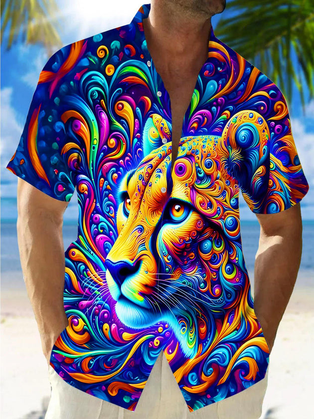 Men's colorful cheetah swirl short sleeve shirt front view