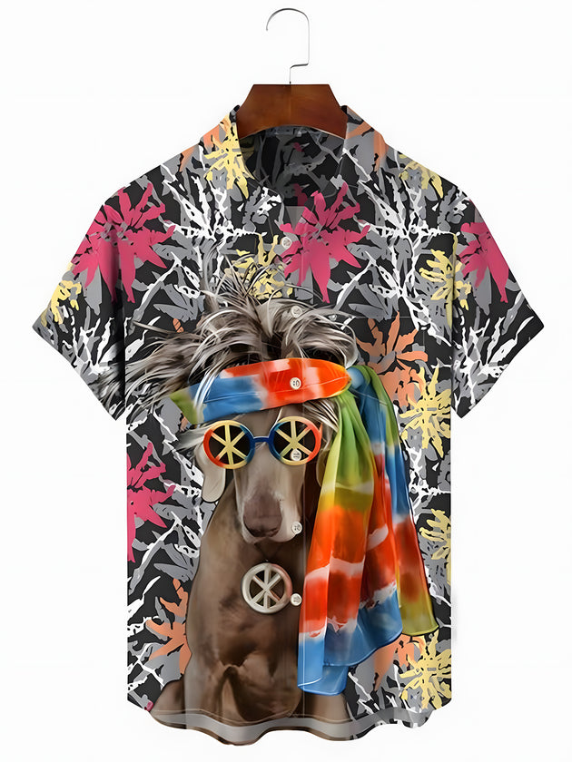 Men's Hawaiian leaf animal dog print short sleeve shirt front view for tropical beach vacation