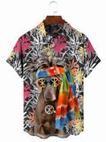Hawaiian Leaf Animal Dog Print Men's Pocket Short Sleeve Shirts