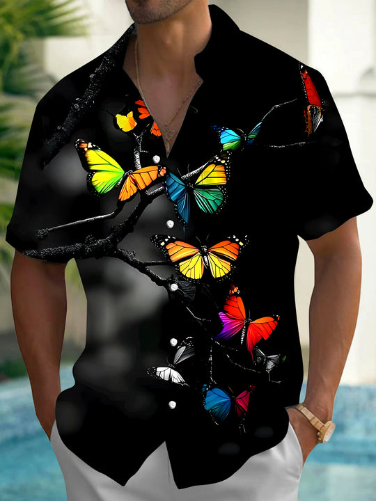 Men's Butterfly Pattern Pocket Short Sleeve Shirt Front View