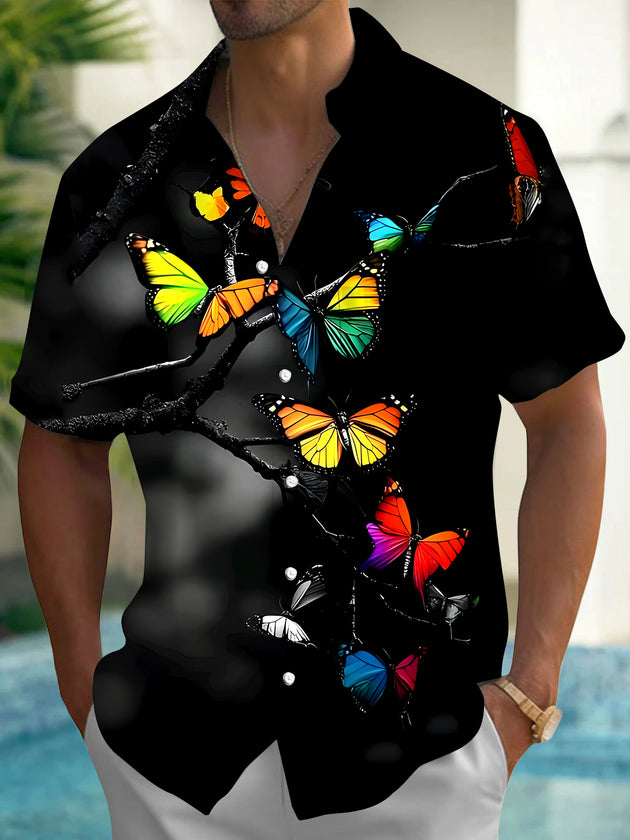 Men's Butterfly Pattern Pocket Short Sleeve Shirt Front View