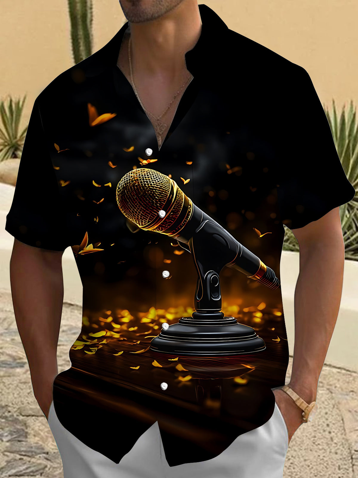 Gold Microphone Print Men's Pocket Short Sleeve Shirts