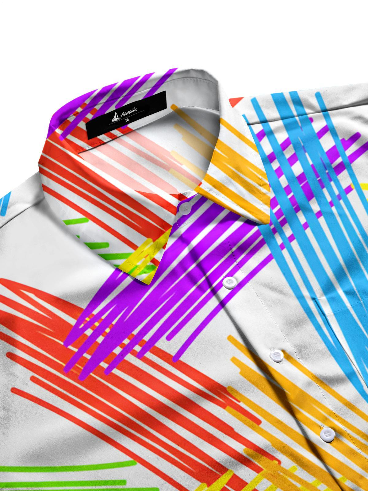 Colorful Geometric Line Print Men's Pocket Short Sleeve Shirts