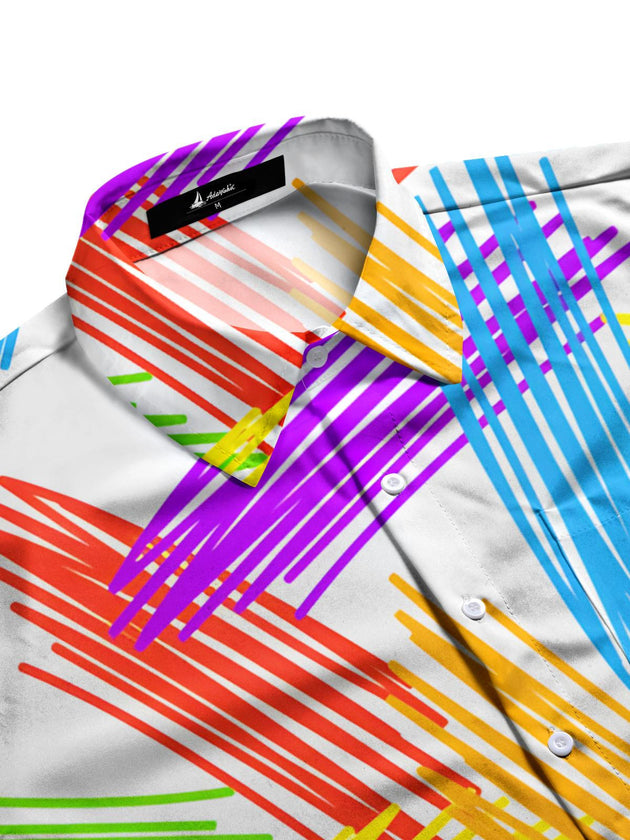 Men's colorful abstract print short sleeve shirt side view