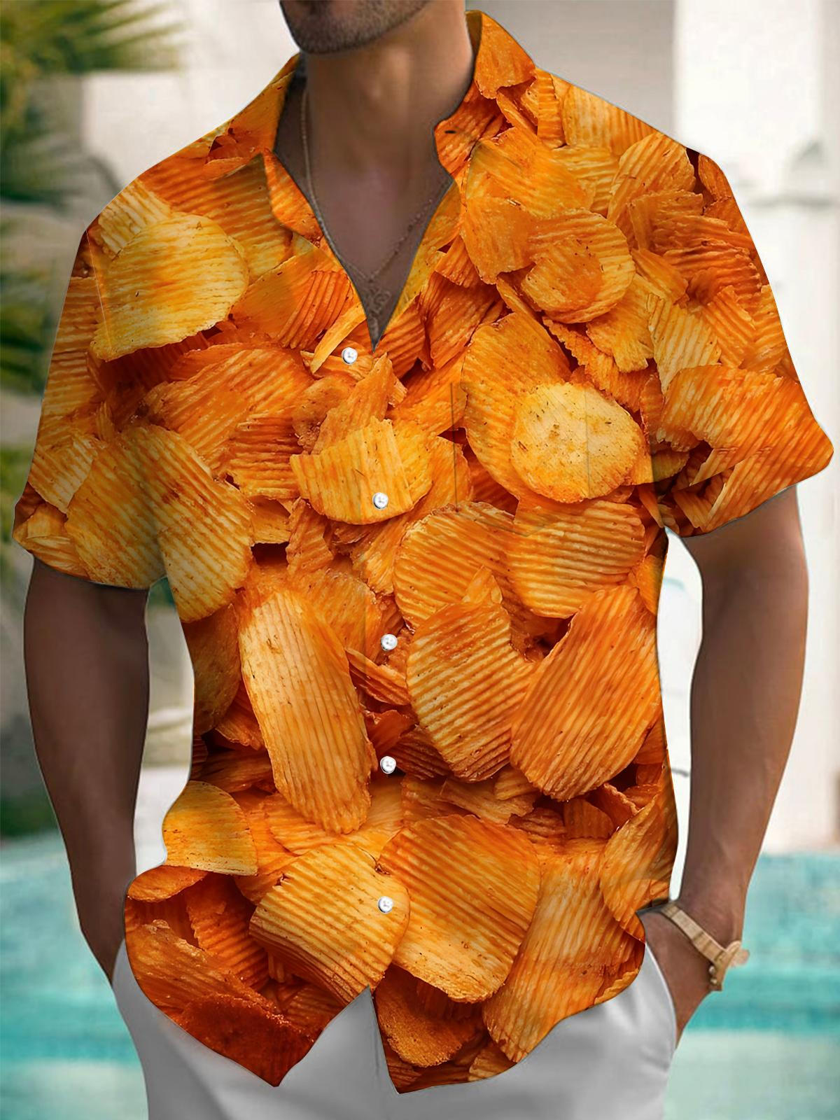 Potato Chips Print Men's Pocket Short Sleeve Shirts