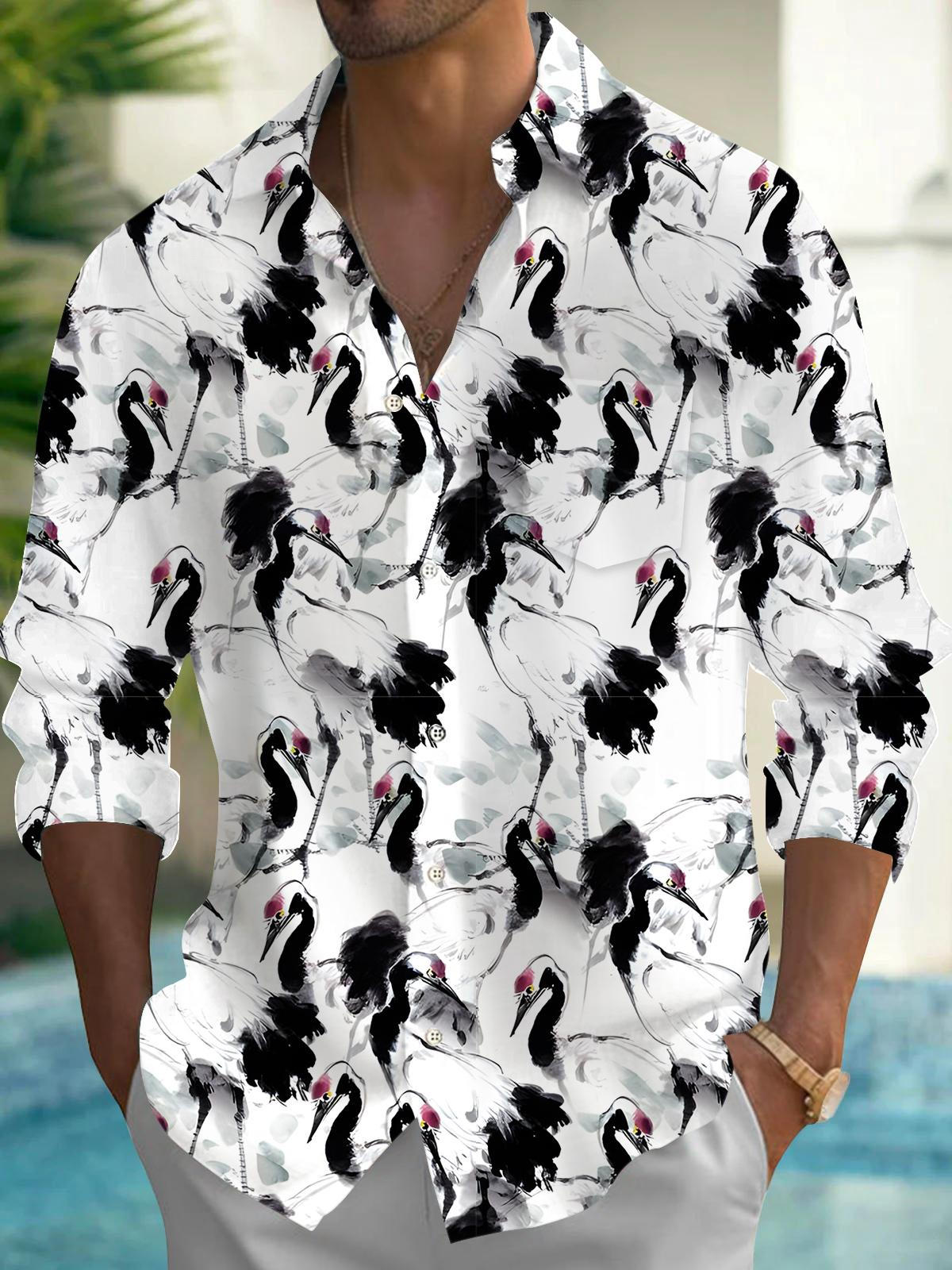 Red Crowned Crane Men's Pocket Long Sleeve Shirts