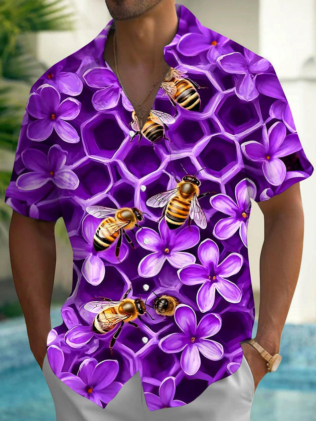Hawaiian Floral Bee Men's Pocket Short Sleeve Shirts