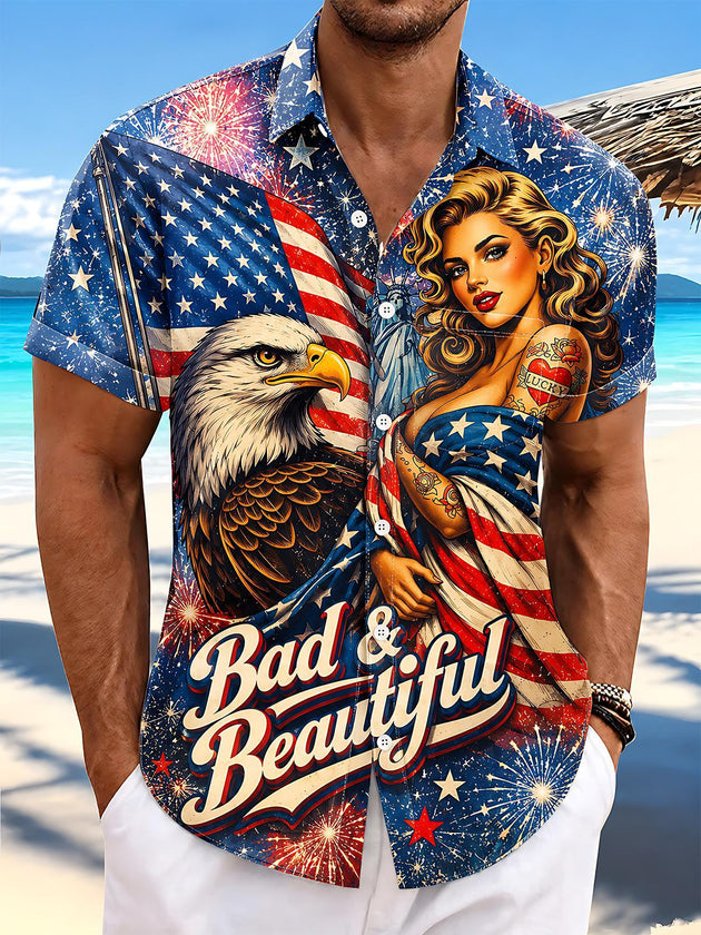 Vintage American Flag Eagle Pin-Up Girl Independence Day Men's Pocket Short Sleeve Shirts
