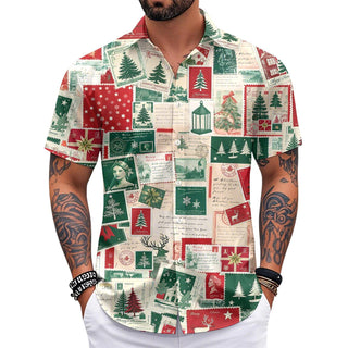 Adaychic Men Christmas Shirt Button Down Vintage Stamp Christmas Print Lapel Collar Button Down Shirts for Beach Vacation Travel sturdy