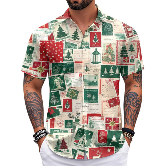 Adaychic Men Christmas Shirt Button Down Vintage Stamp Christmas Print Lapel Collar Button Down Shirts for Beach Vacation Travel sturdy
