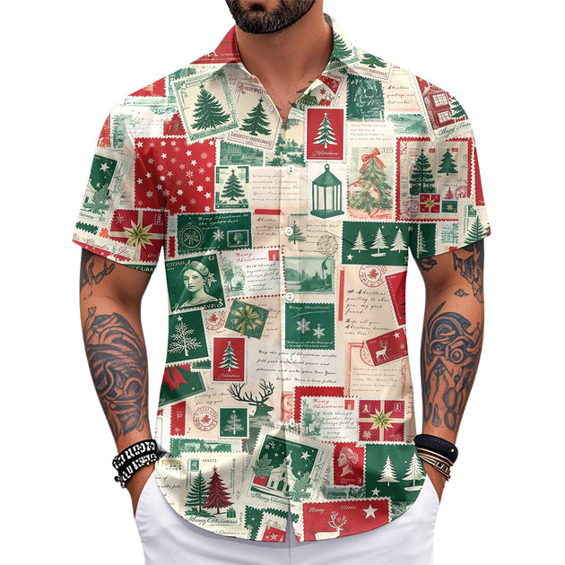 Adaychic Men Christmas Shirt Button Down Vintage Stamp Christmas Print Lapel Collar Button Down Shirts for Beach Vacation Travel sturdy