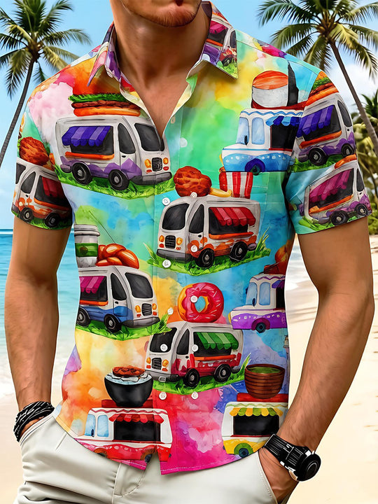 Hawaiian Watercolor Colorful Food Truck Men's Pocket Short Sleeve Shirts