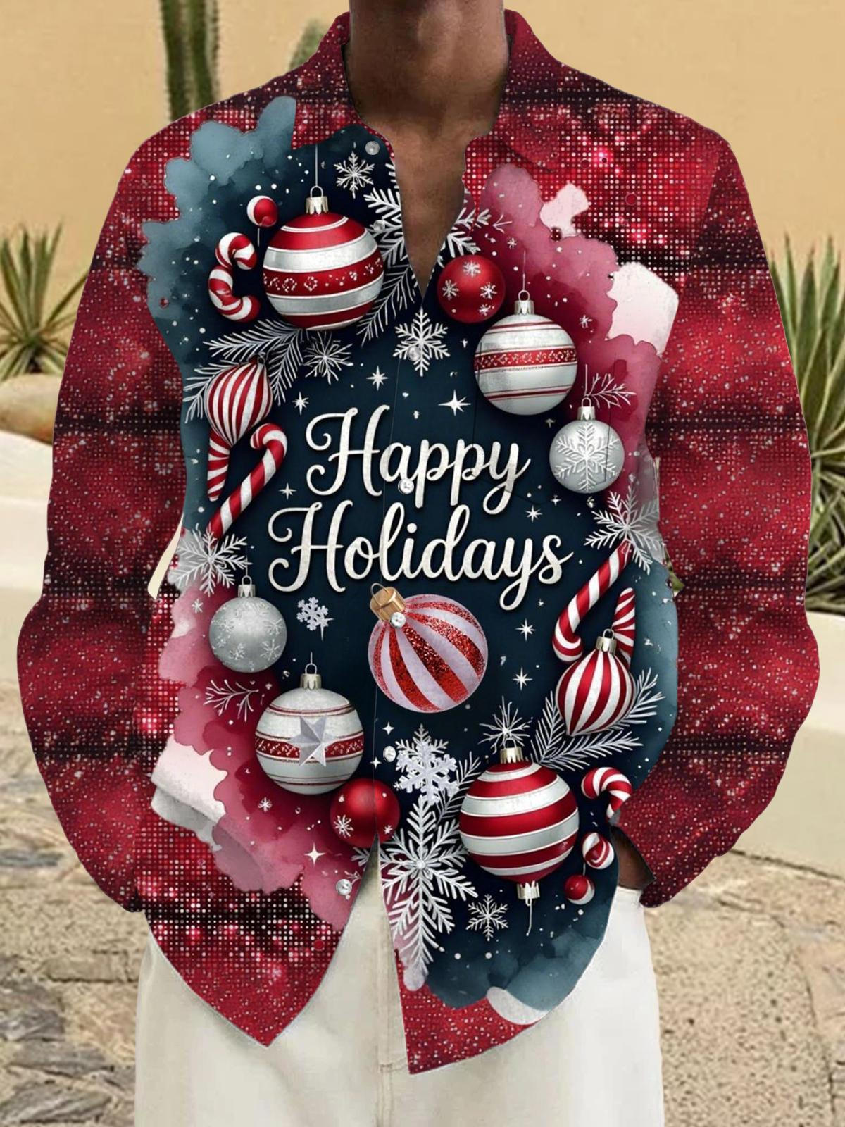 Christmas Print Men's Pocket Long Sleeve Shirts