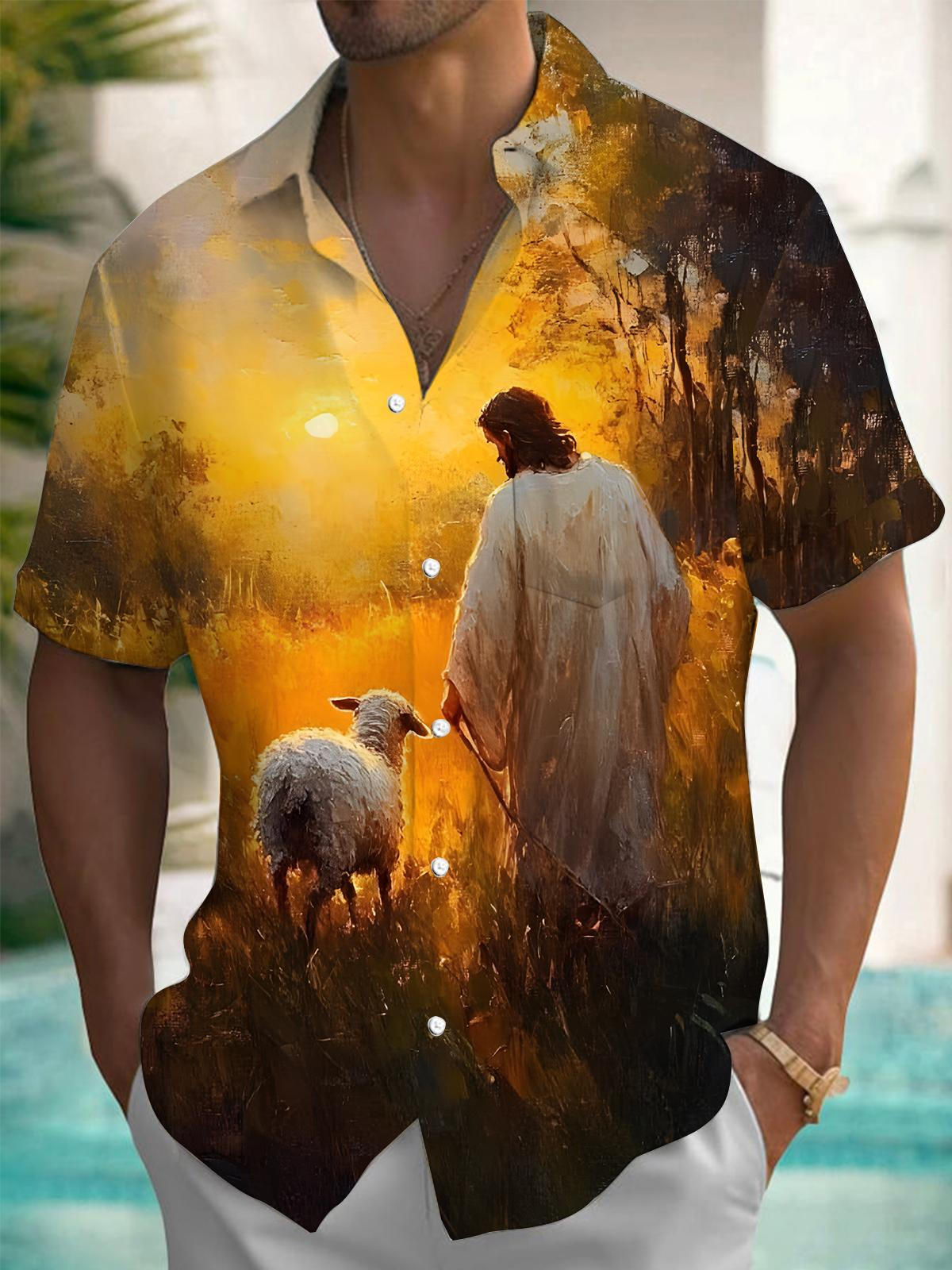 Jesus Sheep Print Men's Pocket Short Sleeve Shirts