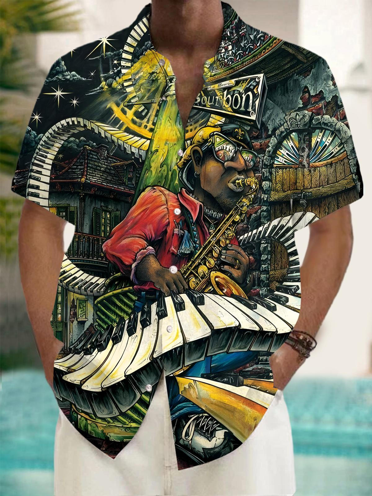 Musical Instrument Art Print Men's Pocket Short Sleeve Shirts