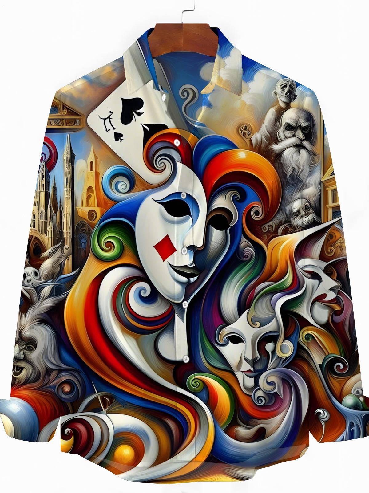 Abstract Face Poker Print Men's Pocket Long Sleeve Shirts