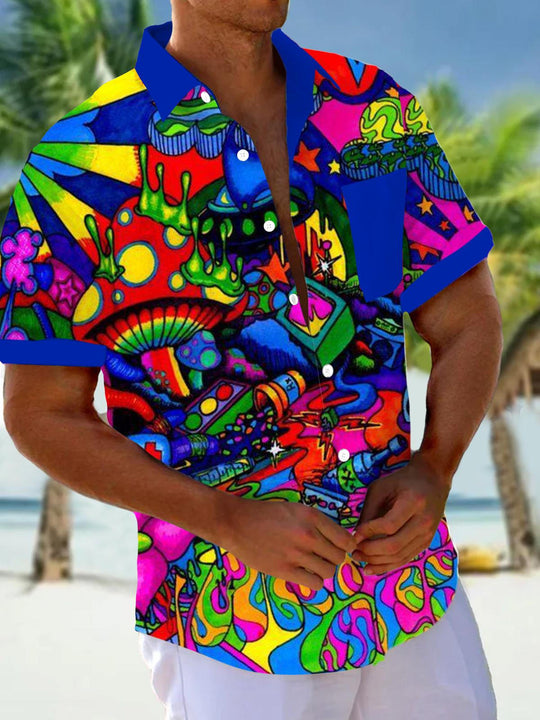 Men's abstract art mushroom print short sleeve shirt front view