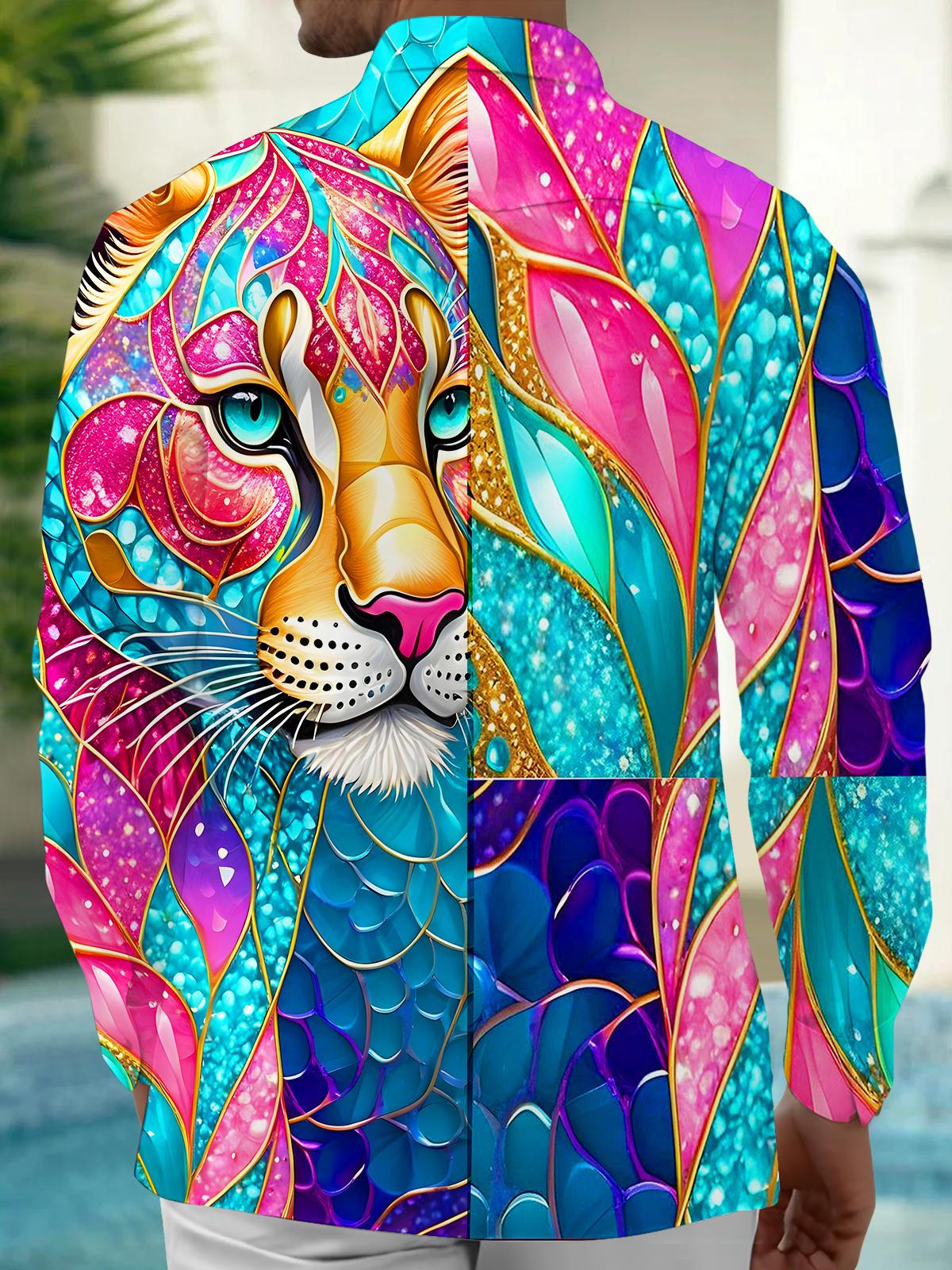 Art Colorful Cheetah Men's Pocket Long Sleeve Shirts