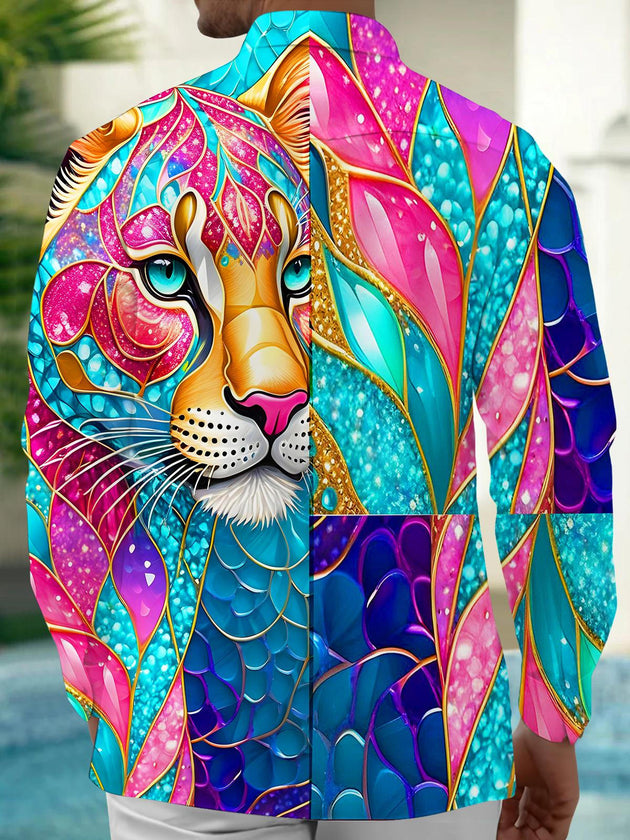 Men's colorful cheetah print long sleeve shirt back view