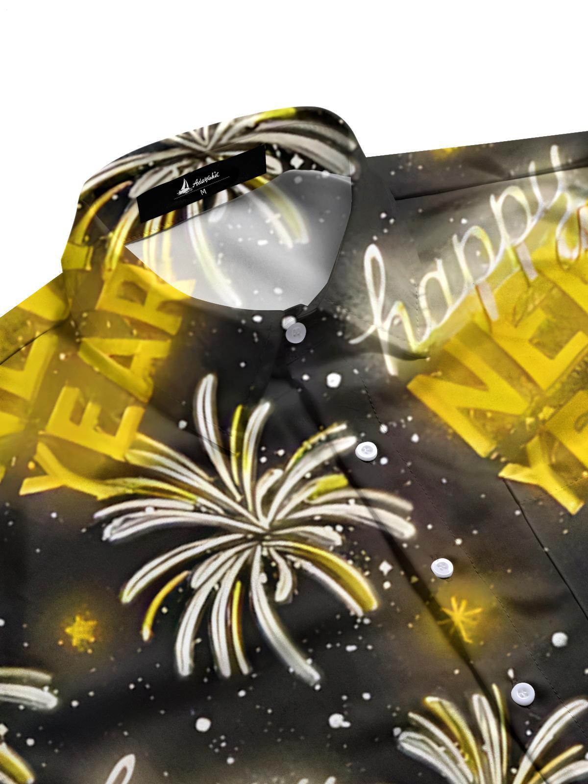 New Year Firework Print Men's Pocket Short Sleeve Shirts