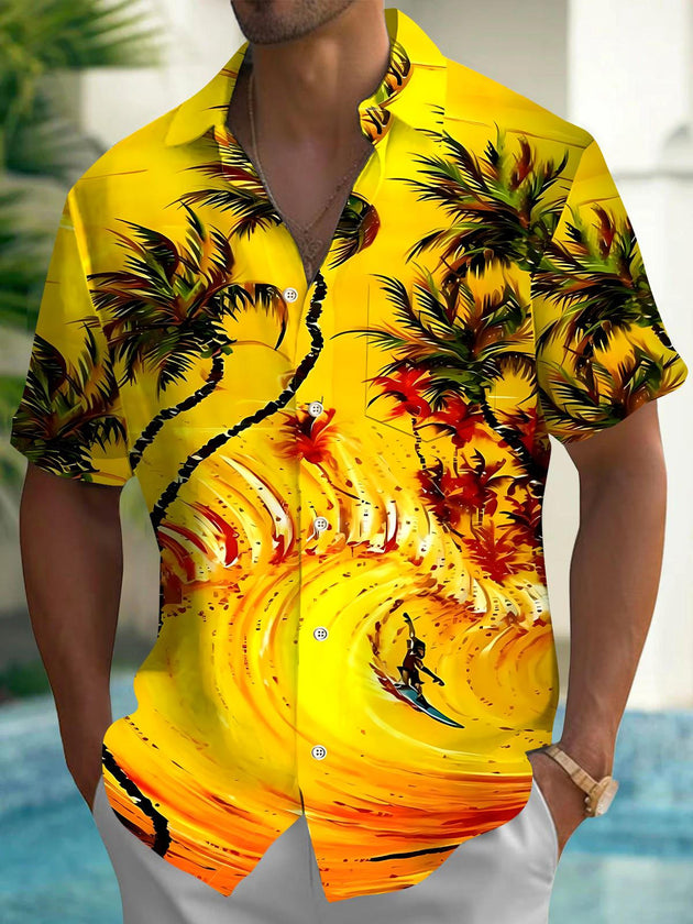 Men's autumn coconut tree print short sleeve shirt front view