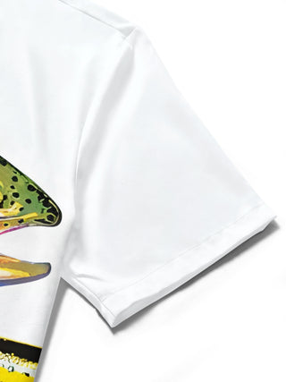 Men's fish print short sleeve shirt close-up detail