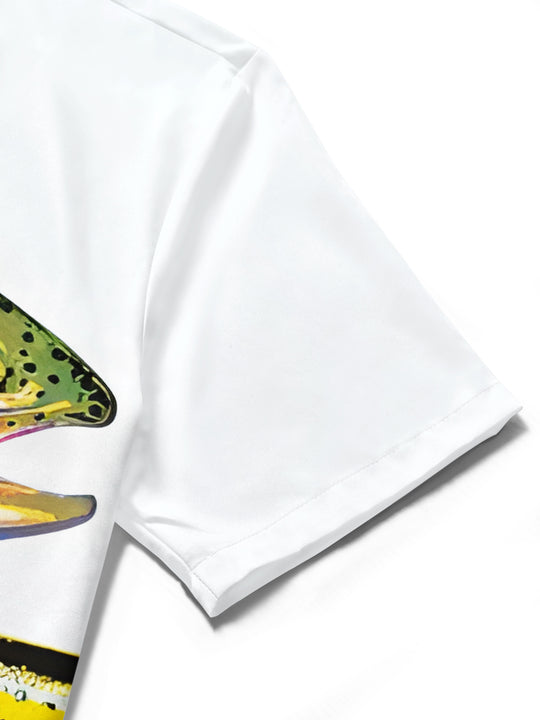 Men's fish print short sleeve shirt close-up detail