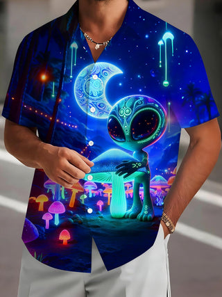 Men's dark neon mushroom forest alien print short sleeve shirt front view