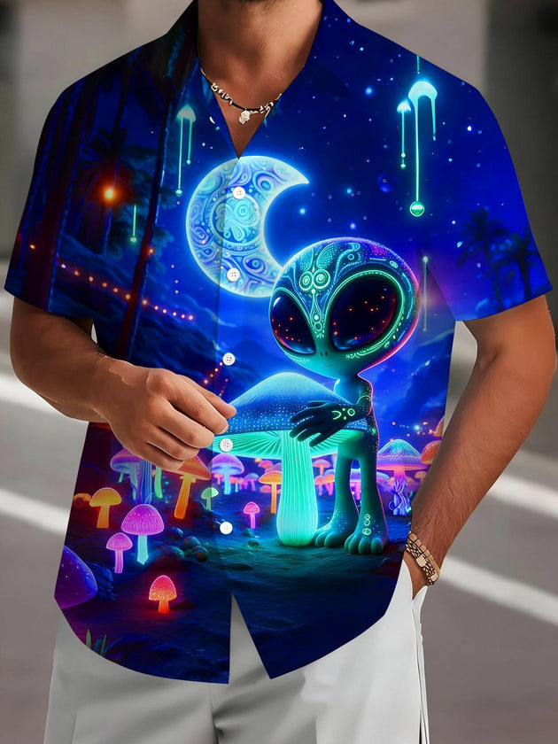 Men's dark neon mushroom forest alien print short sleeve shirt front view