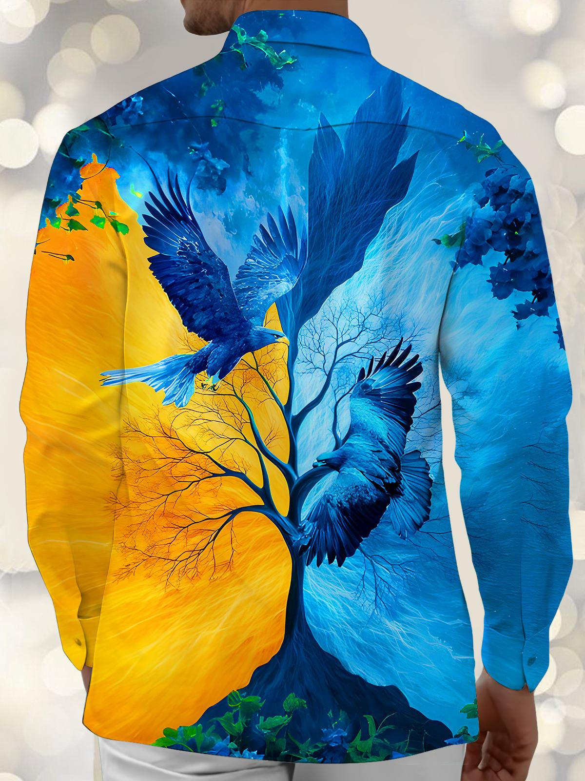 Art Blue Eagle Color-Blocked Tree Men's Pocket Long Sleeve Shirts
