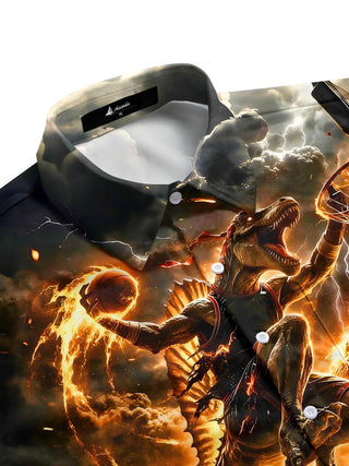 Men's dark dinosaur flame reaper half sleeve pocket shirt side view