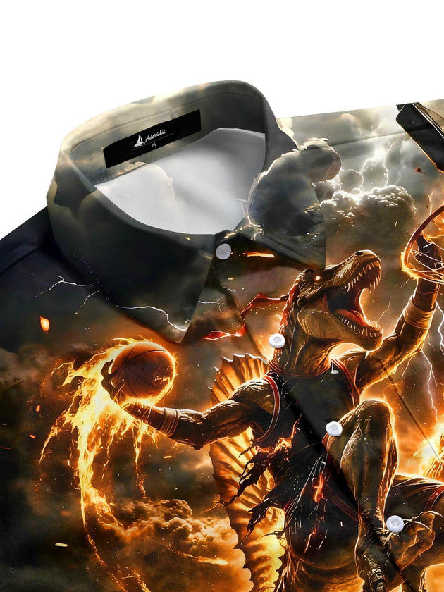 Men's dark dinosaur flame reaper half sleeve pocket shirt side view