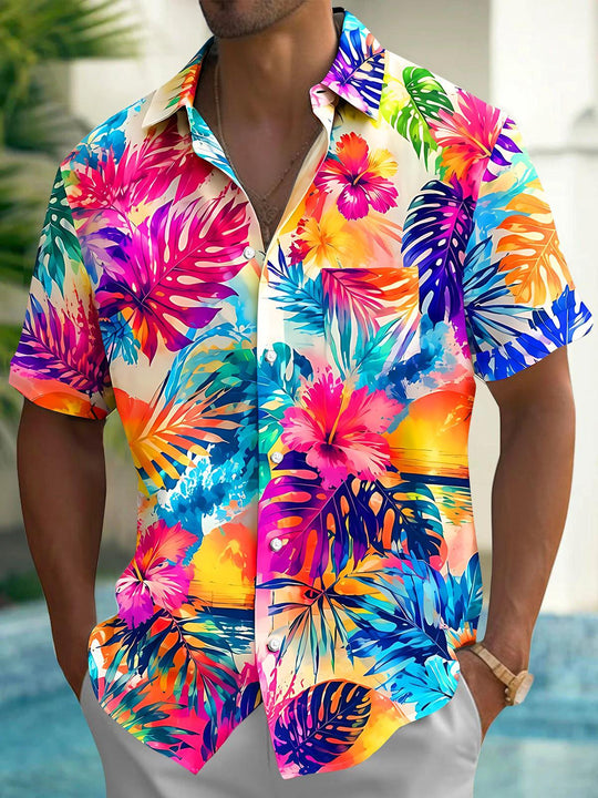 Hawaii Colorful Tropical Hibiscus Palm Leaves Vacation Men's Pocket Short Sleeve Shirts