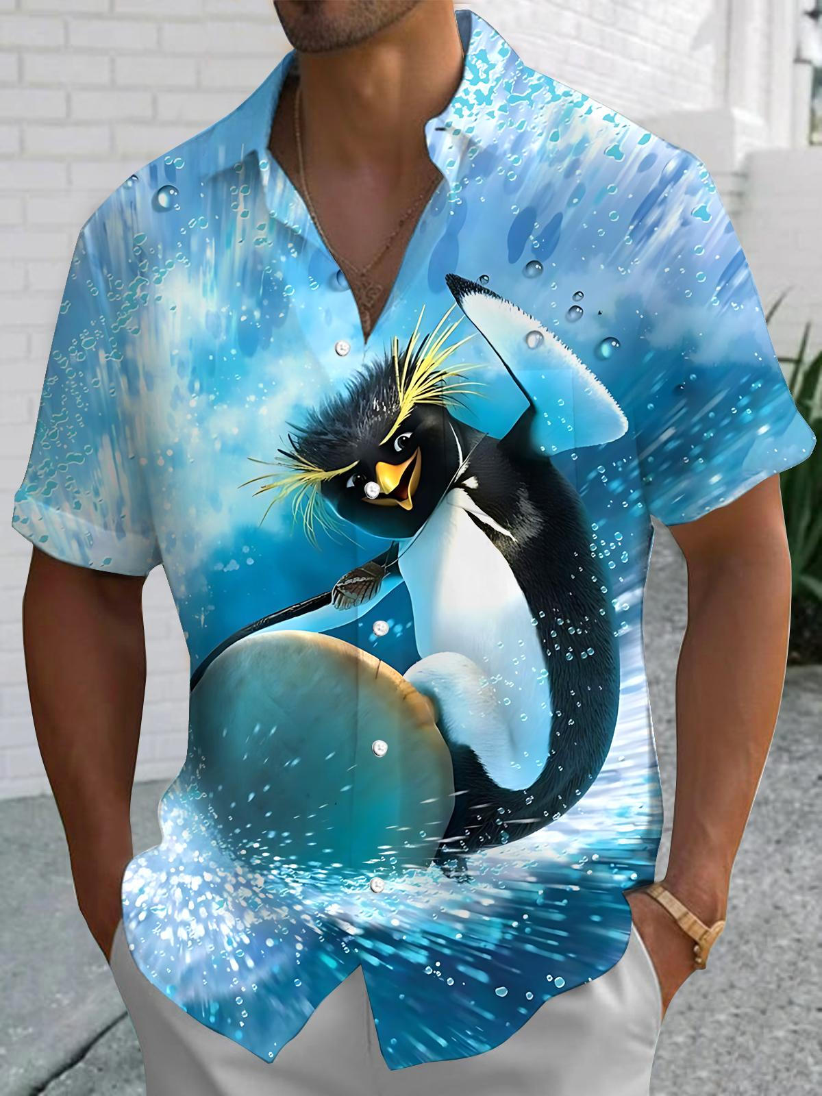 Penguin Print Men's Pocket Short Sleeve Shirts