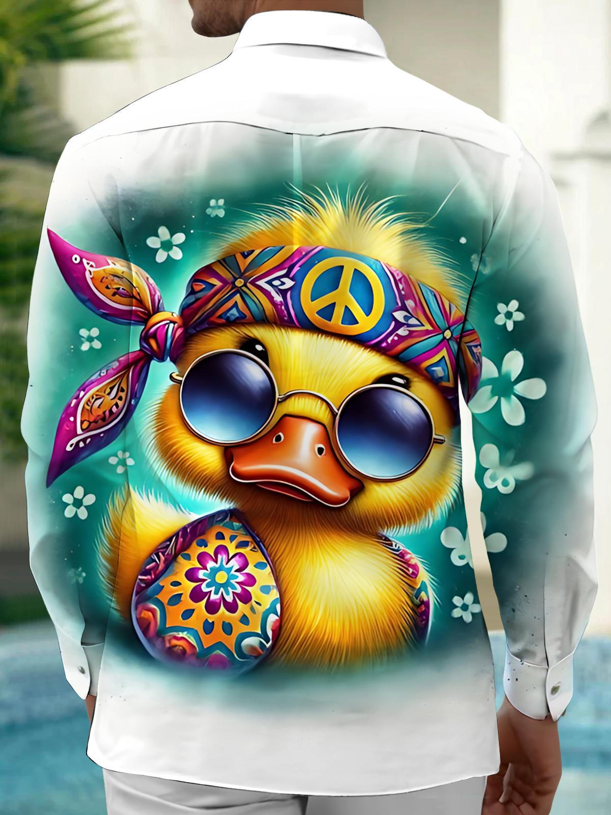 Hippie Yellow Duck Print Men's Pocket Long Sleeve Shirts