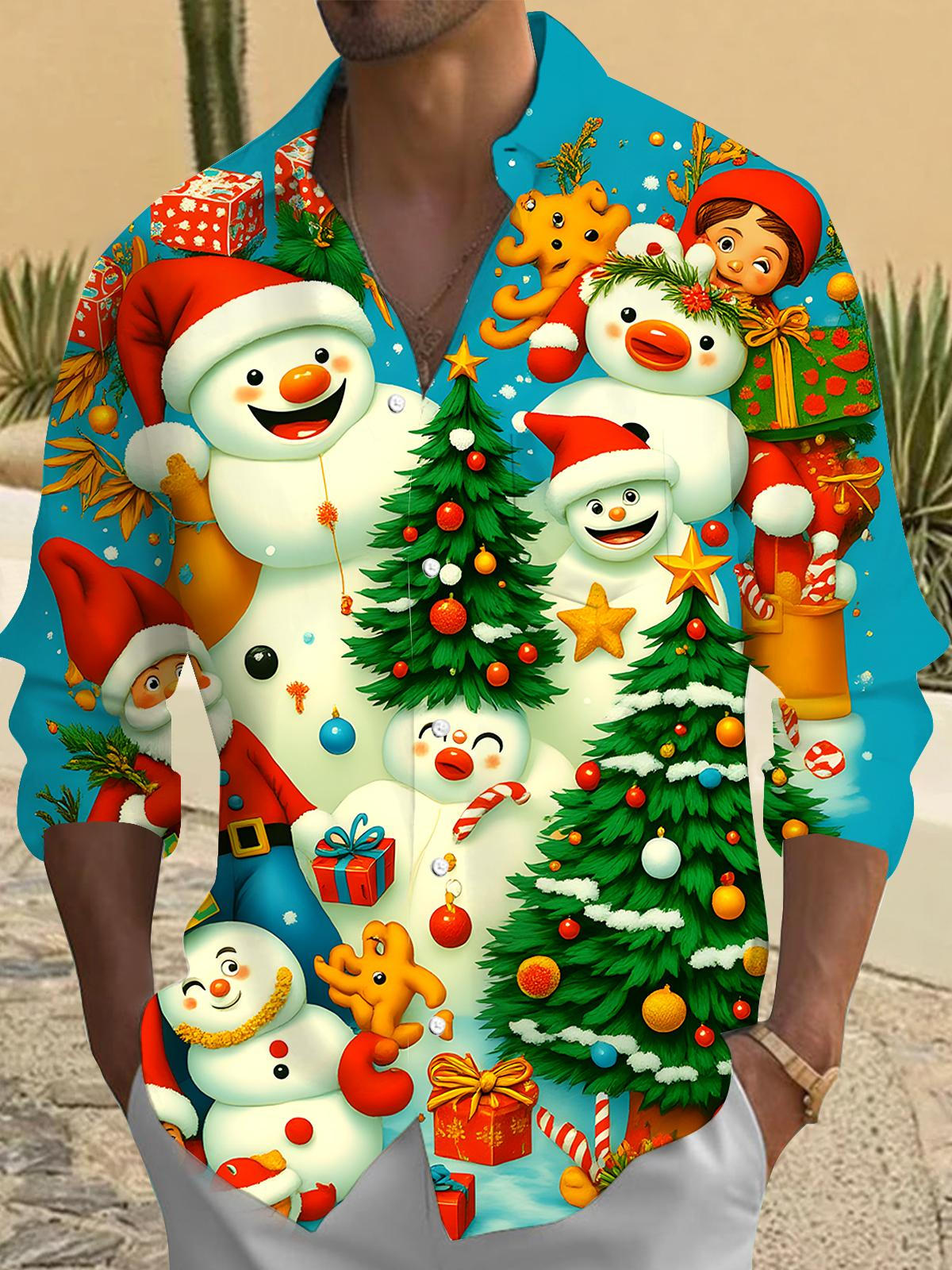Christmas Tree Santa Claus Snowman Men's Pocket Long Sleeve Shirts