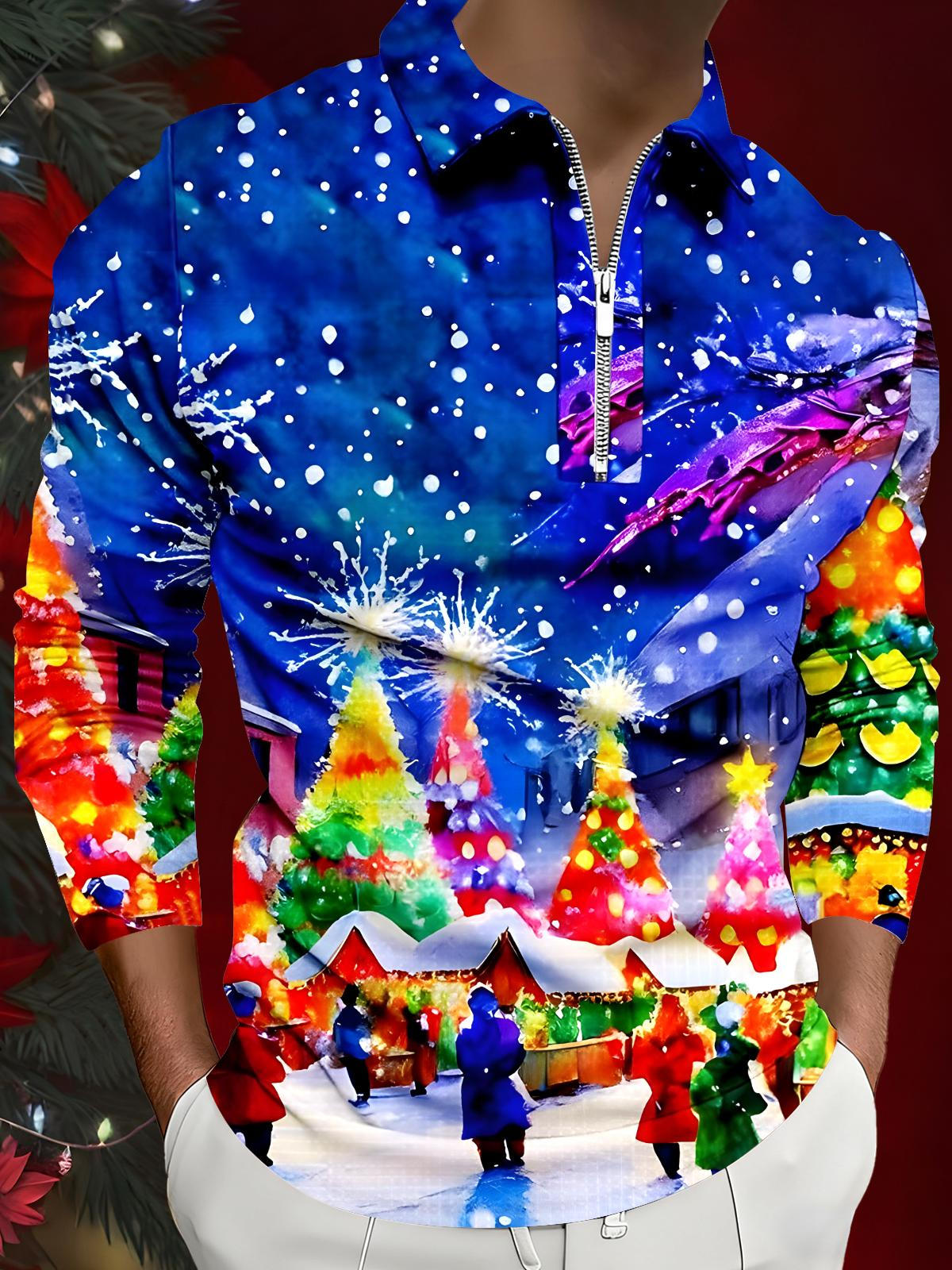 Christmas Men's Long Sleeve Zipper Polo