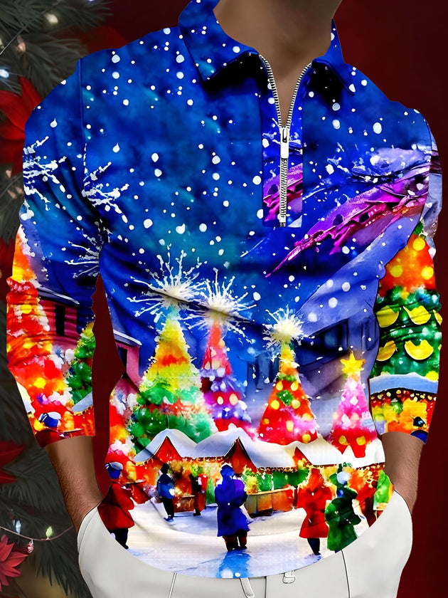 Men's Christmas long sleeve zipper polo shirt front view for holiday party